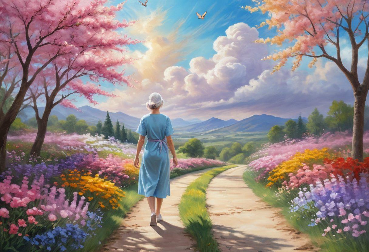 A serene landscape depicting a cancer survivor confidently walking along a vibrant path lined with blossoming flowers, symbolizing hope and resilience. In the background, various healthcare professionals are supporting patients, representing a strong community. Add elements illustrating personal growth, such as butterflies and sunlight breaking through clouds, to evoke a sense of empowerment. soft pastel colors. inspirational mood. painting.