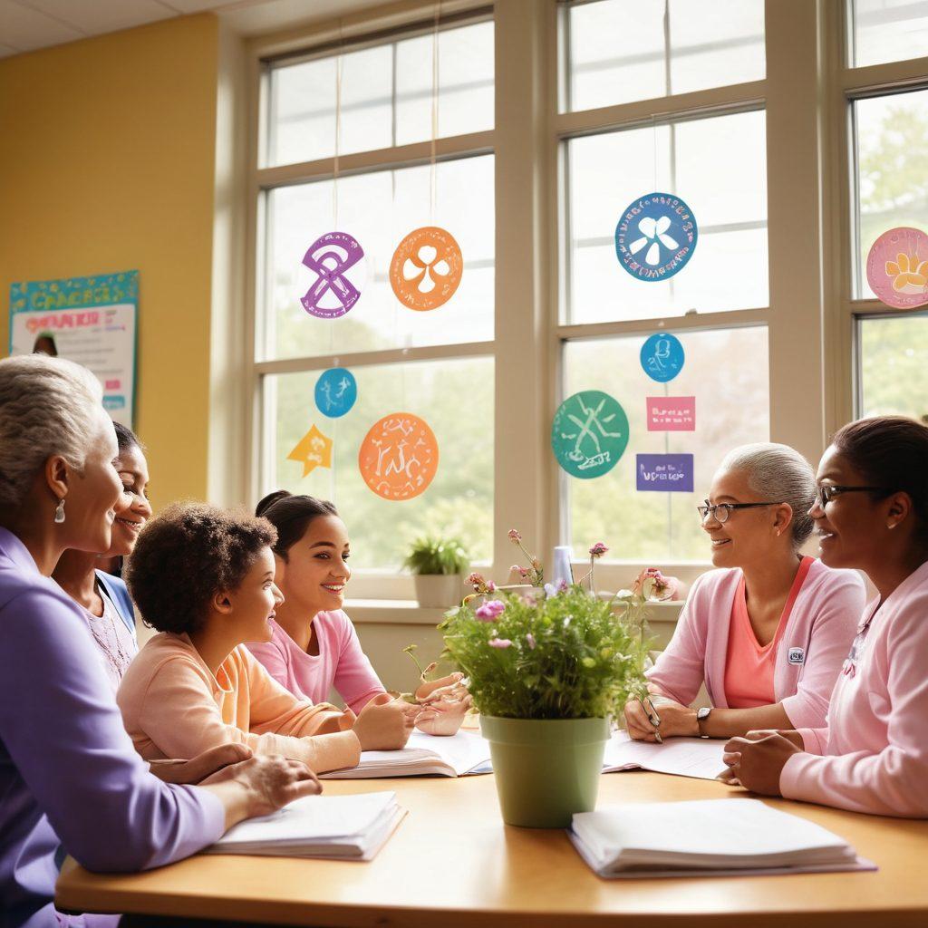 A diverse group of empowered individuals, each representing different backgrounds and ages, engaging actively in a vibrant classroom setting filled with educational materials about cancer awareness. Include visual elements symbolizing hope, such as bright light filtering through windows and plants symbolizing growth. Integrate subtle motifs of medical symbols and advocacy literature. super-realistic. vibrant colors. warm tones.
