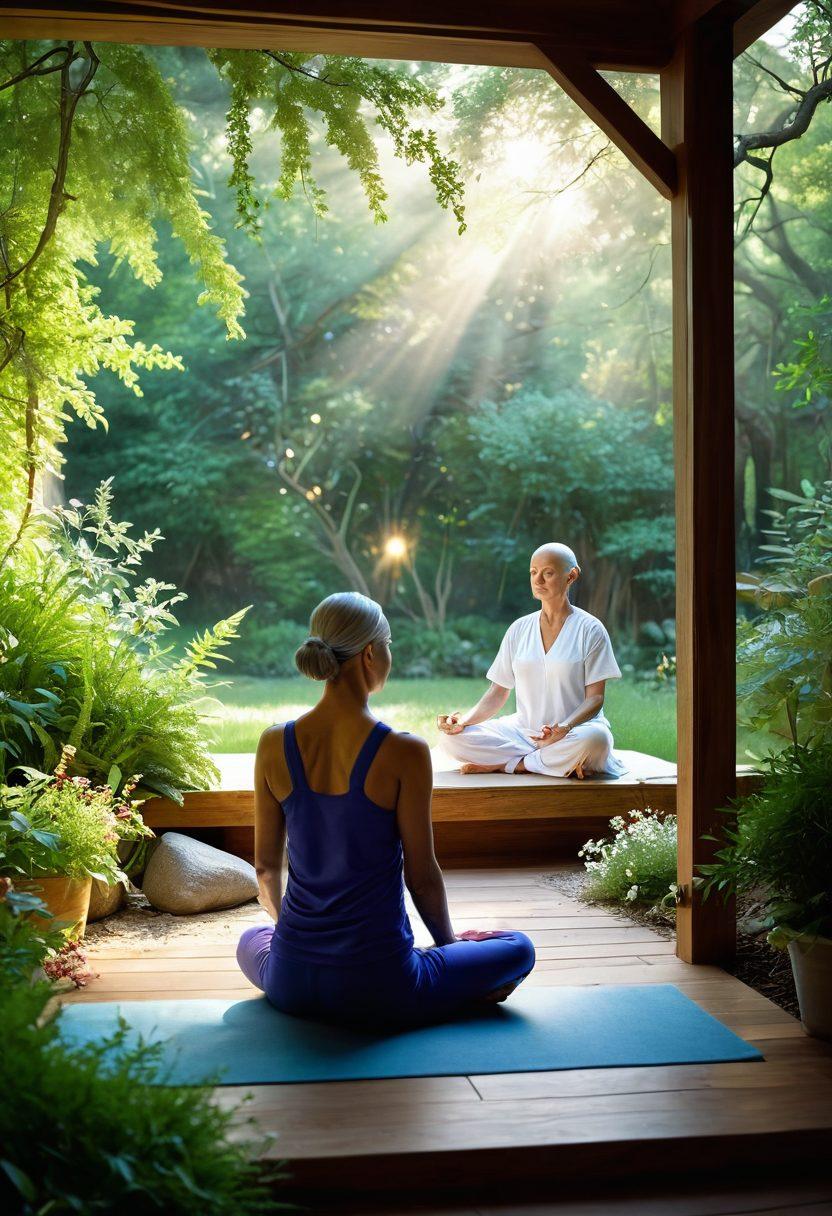 A powerful visual representation of a journey through cancer treatment, featuring a split scene: one side showing a patient receiving chemotherapy in a clinical setting with a hopeful expression, while the other side illustrates a serene outdoor space with holistic health practices like yoga, meditation, and herbal remedies. Soft lighting to symbolize transformation and healing. super-realistic. vibrant colors. natural elements.